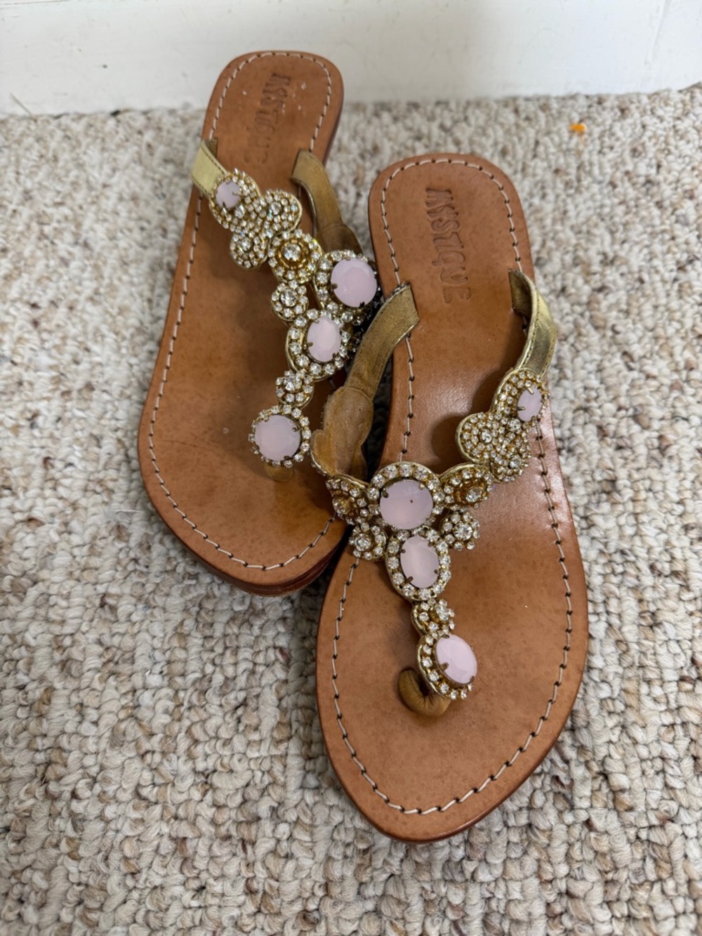 Mystique Boutique Gold-Tone Sandals with Pink Jewel Accents size 8